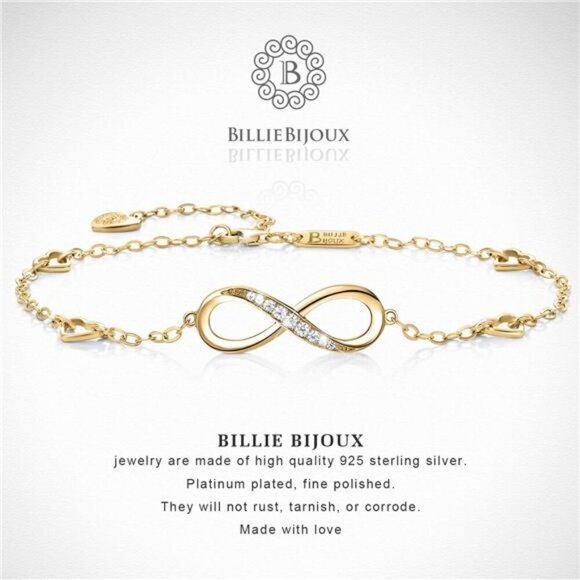 Billie Bijoux Sterling Silver Infinity Anklet Adjustable CZ Heart Charm - Picture 3 of 7